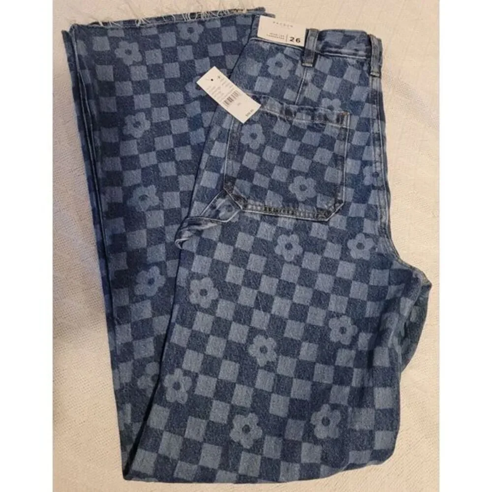Pacsun Jeans Womens 26 Patchwork Floral Wide Leg Carpenter Raw‎ Hem Denim Retro